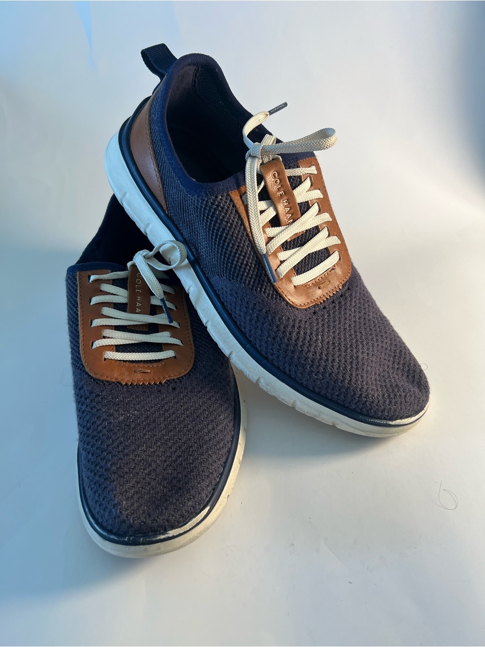 Cole Haan Navy Knit Sneakers (Slip-on) with Brown Leather Accents Size 9.5